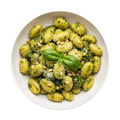 A delicious bowl of soft potato gnocchi with a fresh basil pesto sauce on isolated transparent background, a beloved classic Italian pasta dish.