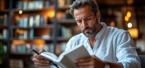 Man Reading Book in Library