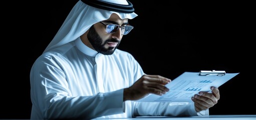 Arab Businessman Reviewing Documents at Night