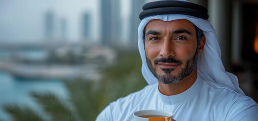 UAE Man Enjoying Coffee with City View