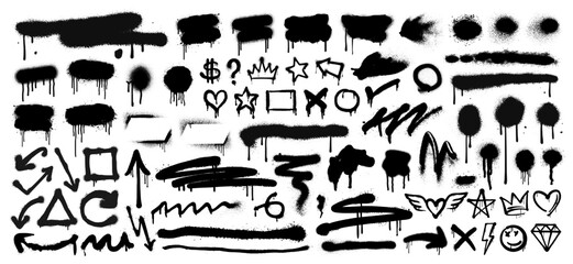 Graffiti spray pattern, line, frame, arrow, heart, crown, splash, stain, banner and grunge ornament icon. Abstract paint brush stroke, watercolor texture and graffiti stencil symbol for social media.