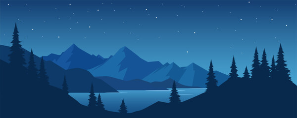 Night mountain landscape with starry sky. Vector illustration of night mountain nature with trees, lake and starry sky. Beautiful mountains at night. © LoveSan