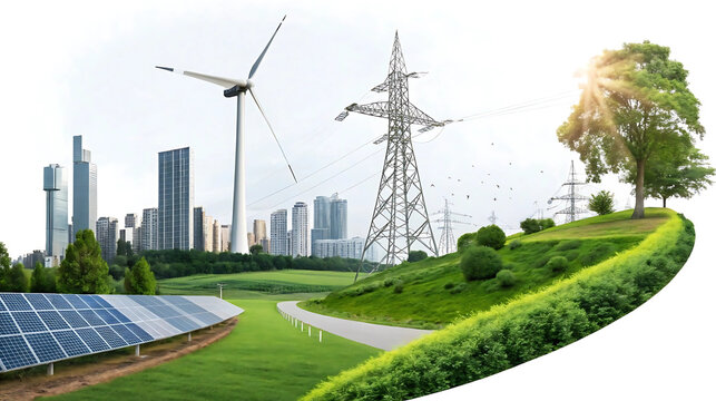 Sustainable energy concept with solar panels, wind turbines, power lines and cityscape, great for green energy campaigns, environmental blogs, clean tech infographics