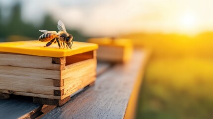 A close-up image of a bee sitting on a yellow honey box during sunset, highlighting the beauty of pollination and the importance of bees in nature's cycle.