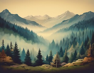 misty mountain landscape with fir forest in vintage retro style generative ai