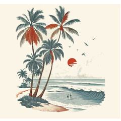 Tropical Beach Scene Illustration with Palm Trees, Sun, and Sea View