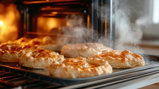 Freshly baked pastries emerging from the oven with steam rising, evoking warmth of home baking, making it feel welcoming and inviting for all.
