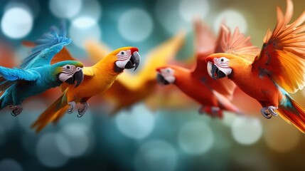 A group of vibrant parrots flies gracefully, showcasing their colorful plumage against a softly blurred background, embodying freedom and beauty in nature.