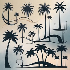 A set of majestic tropical palm tree silhouettes with delicate fronds and slender trunks, varying in height and orientation, are arranged in a scattered formation against a pure white background