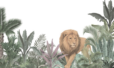 Obraz premium Safari Lion in Lush Foliage - Watercolor Jungle Animal Wall Art - Nursery Printable 