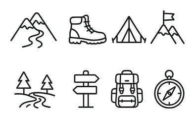 Outdoor adventure icons set – silhouette, camping and hiking symbols for explorers