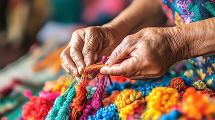Skilled artisan carefully ties vibrant threads to create beautiful textiles reflecting rich colors and craftsmanship. Ideal for art and culture showcases.