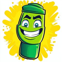 Cartoon green water bottle with a happy face