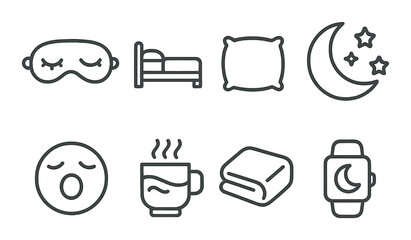 Sleep and relaxation icons set – outline, bedtime and rest imagery collection