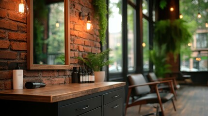 The image showcases a modern salon interior featuring exposed brick walls and stylish decor, creating a cozy and inviting atmosphere for clientele seeking beauty services.