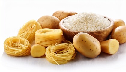 pasta potatoes rice carbohydrates white background