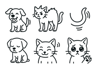Pet emotions icons set – linear style, animal moods and feelings graphics