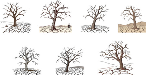 barren soil with tree set vector illustration