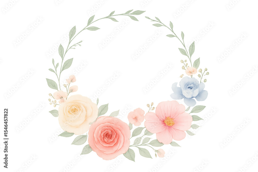 Poster pastel-colored roses and blossoms intertwining, creating a circular frame on a transparent backgroun