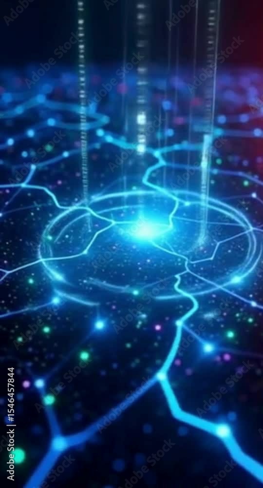 Poster abstract glowing network on dark background with colorful particles and lines