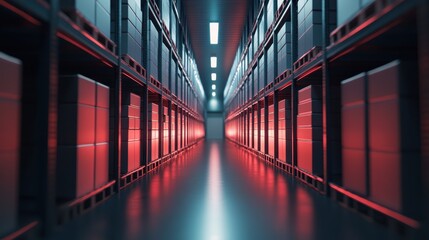 An expansive high-tech warehouse illuminated with red lights, showcasing modern storage solutions and a sleek design aesthetic that emphasizes functionality and efficiency.