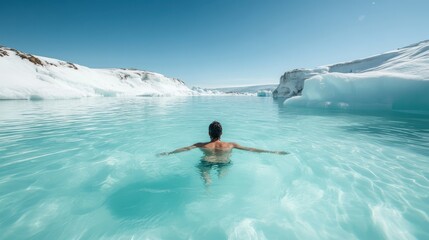 A man enjoys a refreshing swim in a crystal-clear icy pool surrounded by beautiful snow and ice formations, capturing a sense of freedom and relaxation in a breathtaking landscape.