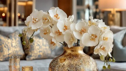 Elegant orchid arrangement in a luxurious living room with sophisticated decor