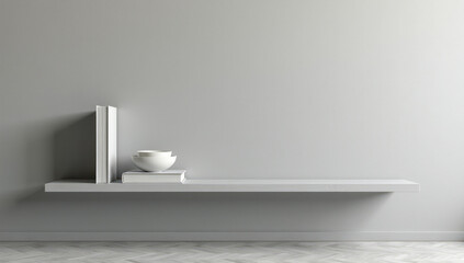 minimalistic shelf with books on a gray wall, copy space