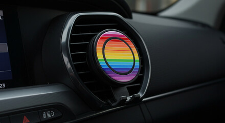 A car interior with a rainbow air vent decoration in a modern vehicle design
