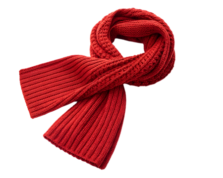 red knitted scarf with ribbed texture and looped design