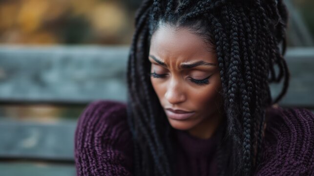A young woman sits pensively in a cozy outdoor setting, lost in thought, capturing a moment of introspection and emotional depth against a beautiful natural backdrop.