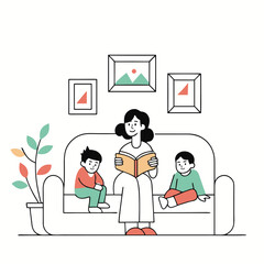 Mother Reading Book to Children on Sofa Illustration, Family Education Time Minimal Vector Art, Parent and Kids Together at Home Clipart.