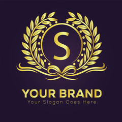 Golden laurel wreath vector icon: S vintage design element symbolizing anniversary, success, or premium quality