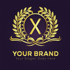 Golden laurel wreath vector icon: X vintage design element symbolizing anniversary, success, or premium quality