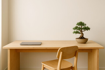 Simple Wooden Desk With a Laptop and a Bonsai Tree in a Bright, Minimalistic Room