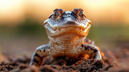 A charming close-up of a smiling crocodile lying on the ground, with sunlight illuminating its scales, evokes curiosity and admiration for wildlife's quirks.
