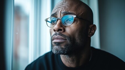 Obraz premium A thoughtful man gazes out through a window, reflecting on life’s deeper meanings, embodying the essence of introspection and emotional depth wrapped in serene ambiance.