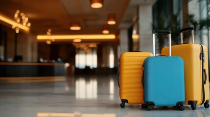 Three bright suitcases in vibrant colors sit in a stylish hotel lobby, symbolizing travel, anticipation, and the excitement of new journeys and experiences waiting to unfold.