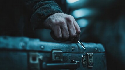 A dramatic image of a hand gripping a vintage suitcase evokes a sense of adventure and mystery, inviting viewers to imagine the stories and journeys it might hold.