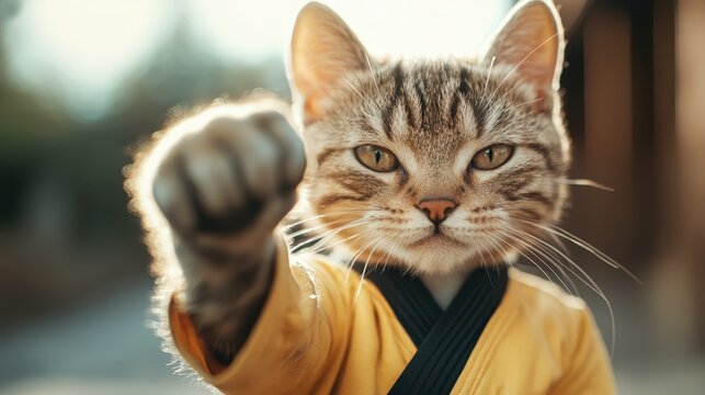 A fierce-looking cat dons a karate uniform with a determined expression, symbolizing courage and playfulness, showcasing a whimsical take on martial arts in an adorable way.