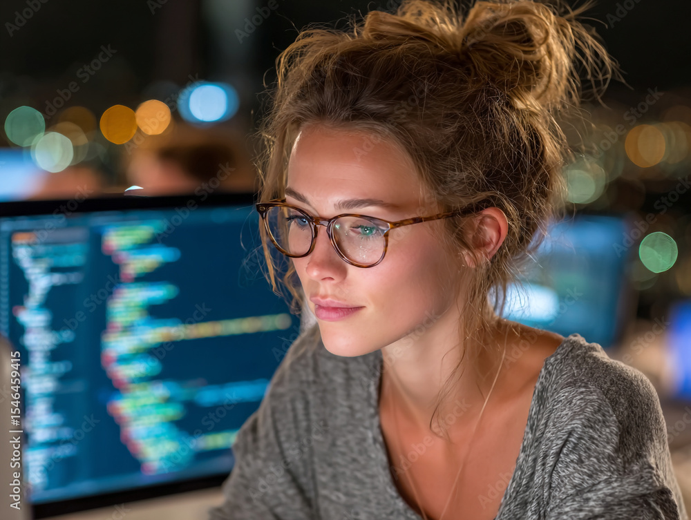 Poster woman with glasses looking at a computer screen displaying code at nighttime