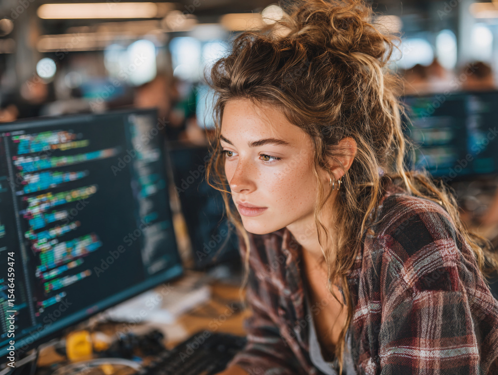 Poster woman with messy bun looking at computer screen with code in busy office space