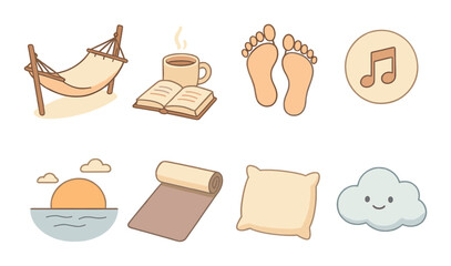 Relaxed lifestyle icons set &ndash; flat, simple and minimalist leisure and comfort symbols