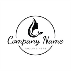 Obraz premium Beauty Salon Logo Design – Feminine Face with Leaf Vector Template, Hair, Skin, and Cosmetic Branding