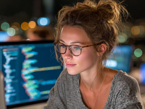 Woman with glasses looking at a computer screen displaying code at nighttime