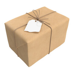 A brown cardboard package tied with twine and a blank tag, often used for shipping or gifting items.