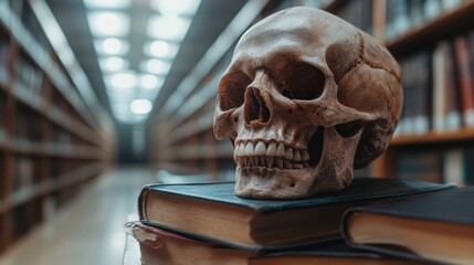 This striking image showcases a realistic human skull resting on books in a library, symbolizing knowledge, mortality, and the connection between education and life’s mysteries.