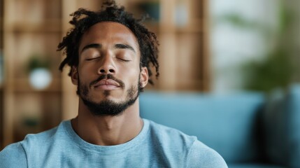 Obraz premium This tranquil image features a man meditating with closed eyes in a serene home environment, promoting relaxation, mindfulness, and the importance of mental well-being.