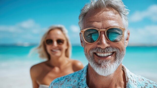 An elderly couple joyfully enjoying a sunlit beach day, highlighting themes of love, happiness, and the beauty of companionship against the stunning backdrop of the ocean.