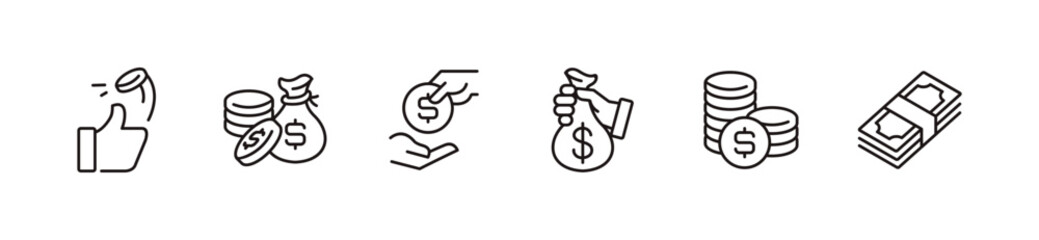 simple money currency financial icon line set money cash coin and dollar bag billfold banking wealth signs vector outline illustration